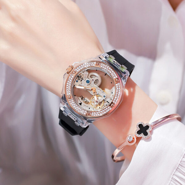 Simple Ladies Rhinestone Silicone Strap Mechanical Watch - Image 2