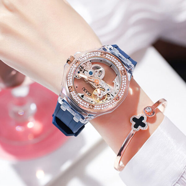 Simple Ladies Rhinestone Silicone Strap Mechanical Watch - Image 8