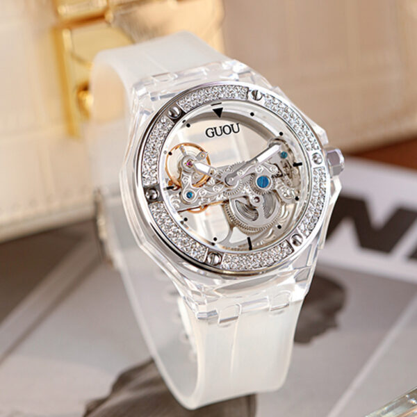 Simple Ladies Rhinestone Silicone Strap Mechanical Watch - Image 9