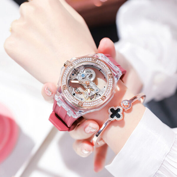 Simple Ladies Rhinestone Silicone Strap Mechanical Watch - Image 6