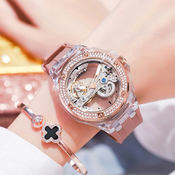 Simple Ladies Rhinestone Silicone Strap Mechanical Watch - Image 10