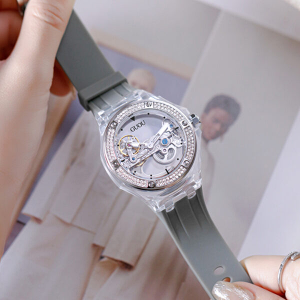 Simple Ladies Rhinestone Silicone Strap Mechanical Watch - Image 4