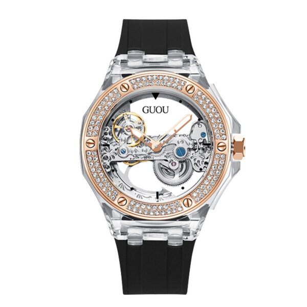 Simple Ladies Rhinestone Silicone Strap Mechanical Watch - Image 3